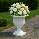🌿 Flower Pot White (XL) – 30×31cm | Stackable Plastic Planter with floral arrangement in garden setting.